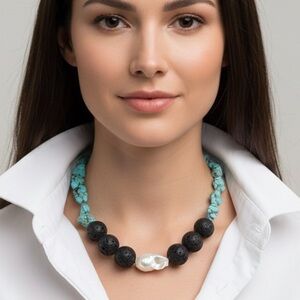 Turquoise, Black Lava, Large Baroque Freshwater Pearl Chunky Statement Necklace